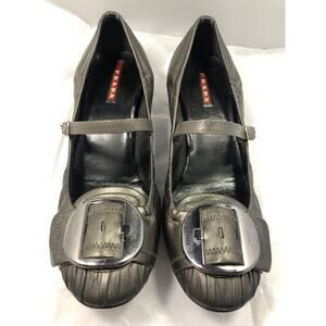 Prada Silver Leather Buckle Stacked Block Heel